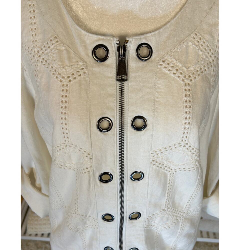 Multiples Women's Size M Off White Linen Roll Tab Sleeve Grommet Jacket #0318 - Picture 2 of 12